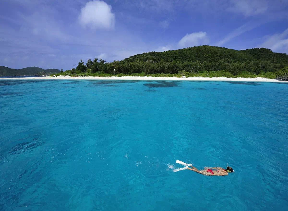 浮潛者在清澈藍綠海域中戴著面鏡與蛙鞋游動，遠方為綠色島嶼與白沙灘。