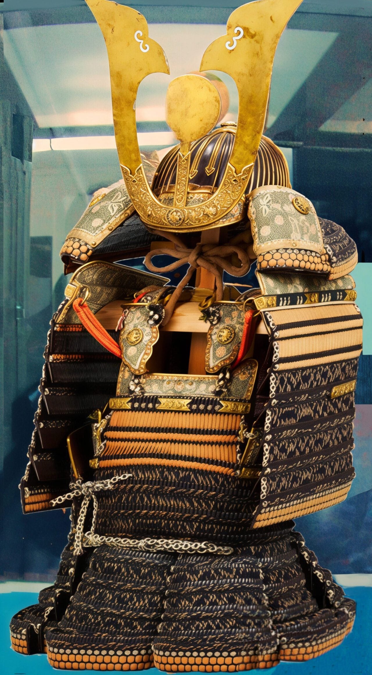 東京國立博物館展出的武士大鎧,黑漆札甲配金色鍬形頭盔,陳列於玻璃展櫃中。