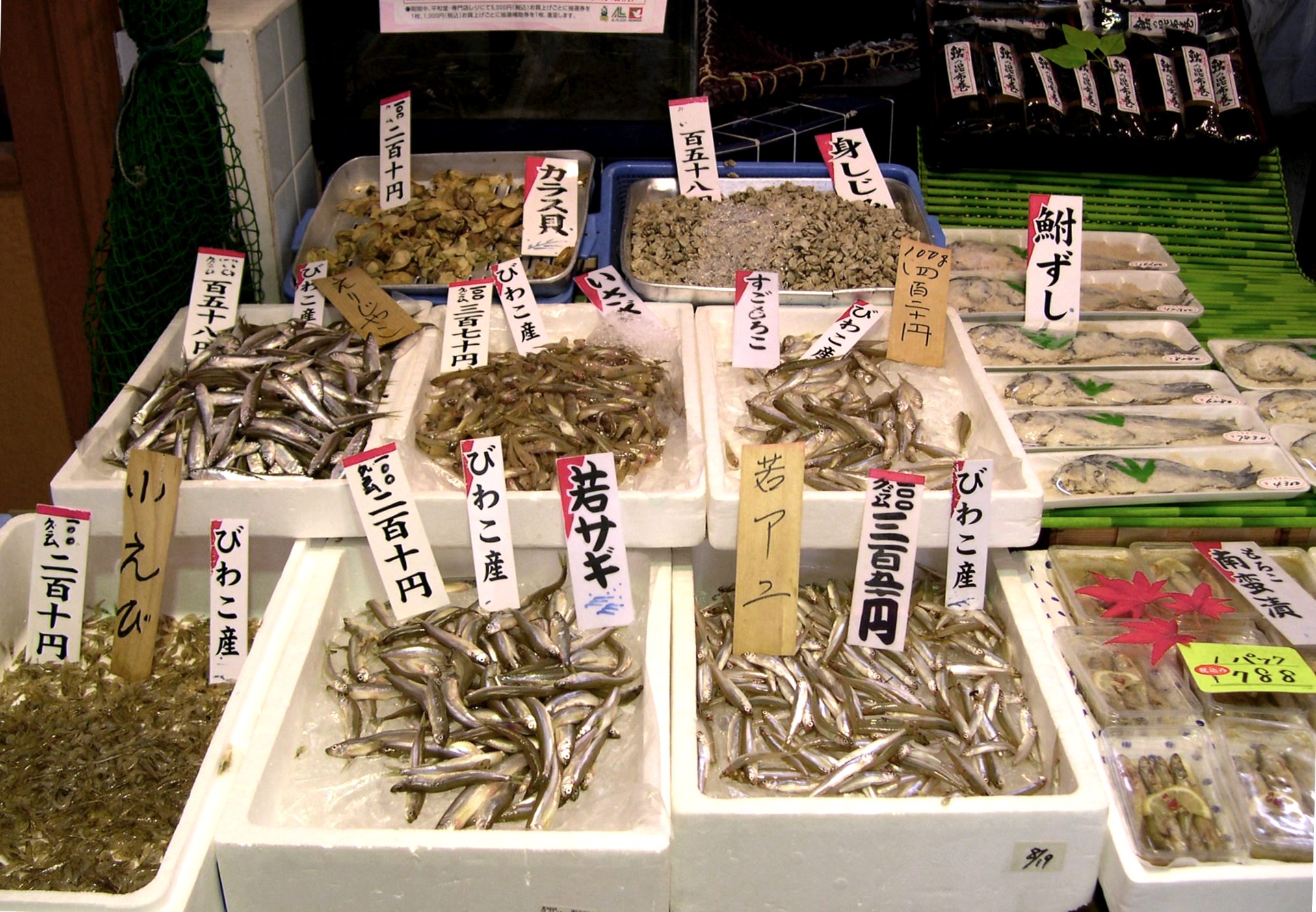Fish from Lake Biwa for sale at a fish store in Otsu, Shiga, Japan