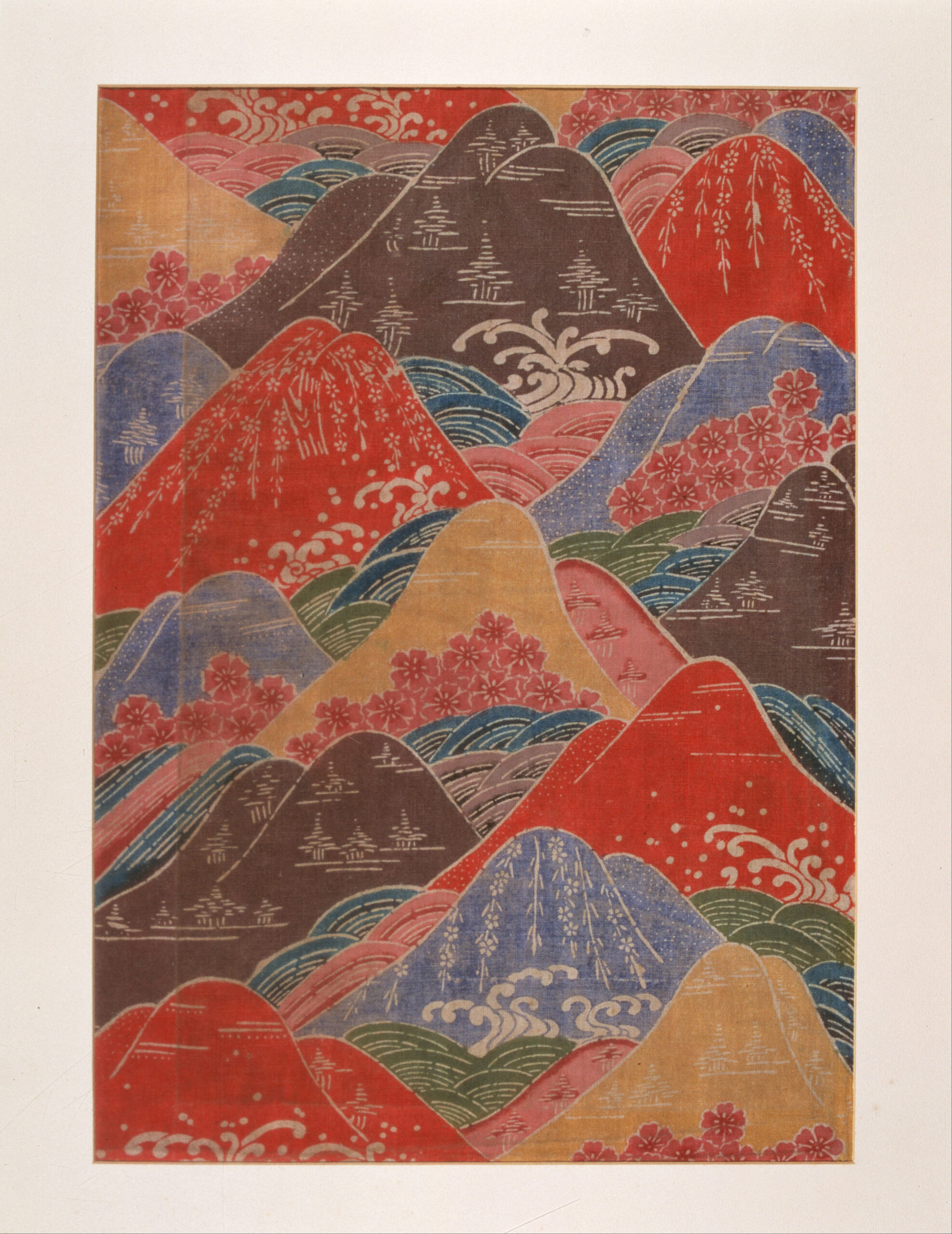 紅型織物碎片 - 櫻花、波浪、山岳圖案
