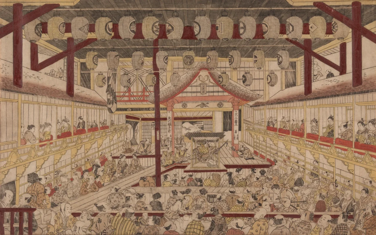 江戶時代浮世繪作品,木製建築內多人在活動,紅柱支撐高天花板,場景繁忙。
