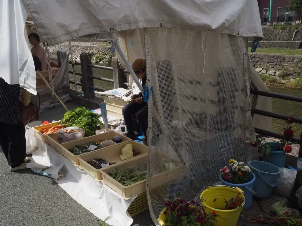 宮川朝市戶外農產攤位，透明塑膠帳篷下黃藍籃子展示蔬菜農產品。