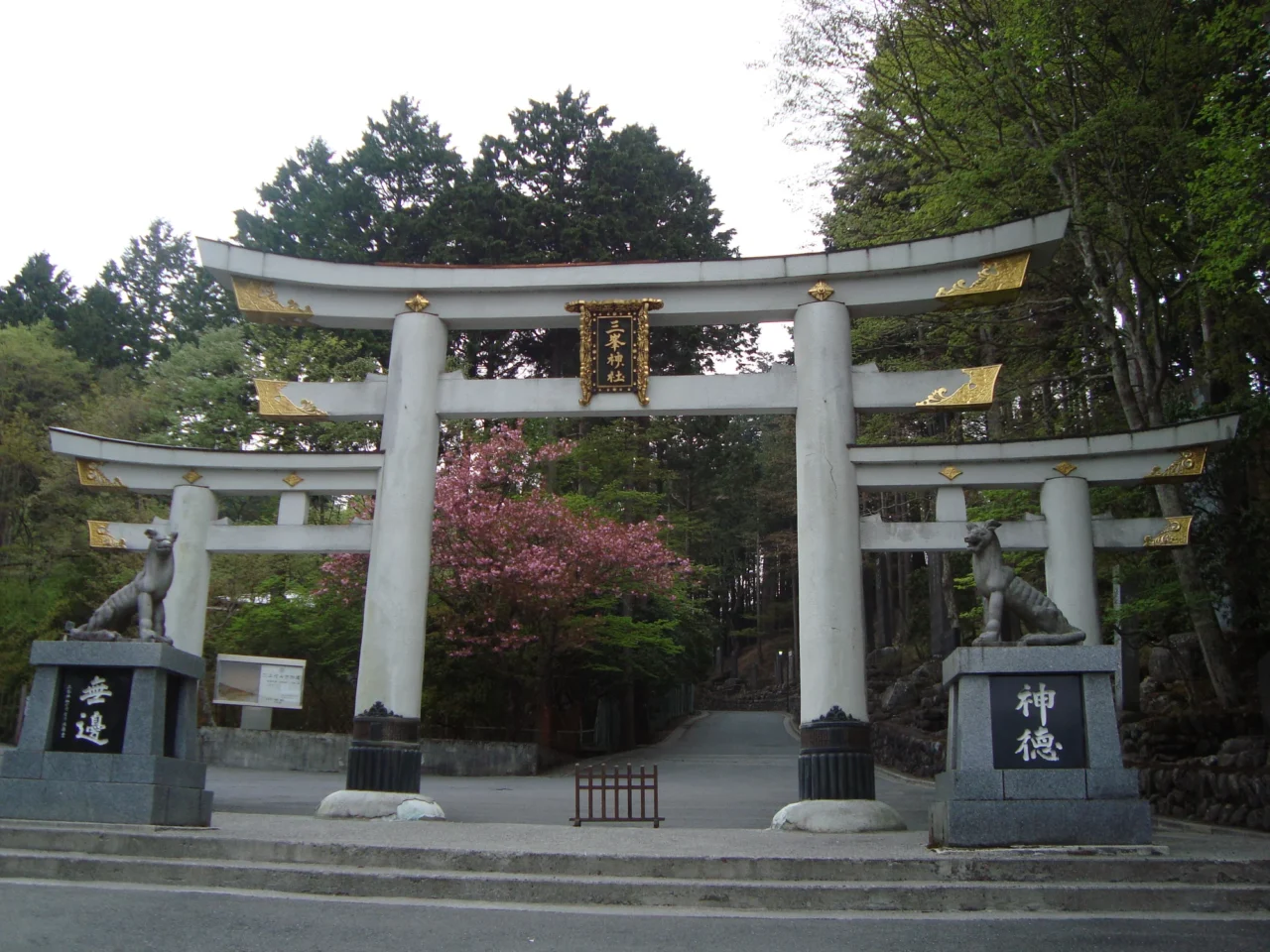 三峯神社特有的三層鳥居(三ツ鳥居)屹立山間,沐浴晨光,背景森林蒼翠與遠山層疊。