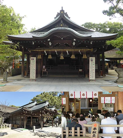 宇美八幡宮的拝殿與授與所,安產祈願參拜者於殿前排隊,是求子安產的信仰中心。