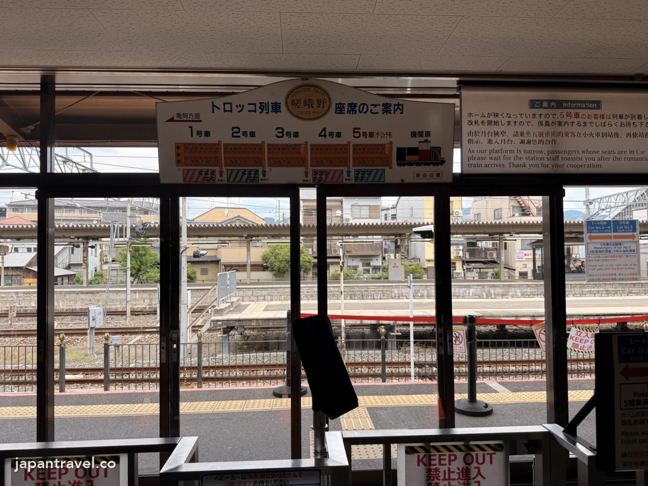 小火車嵯峨站月台上的座位圖，標示1至5號車卡